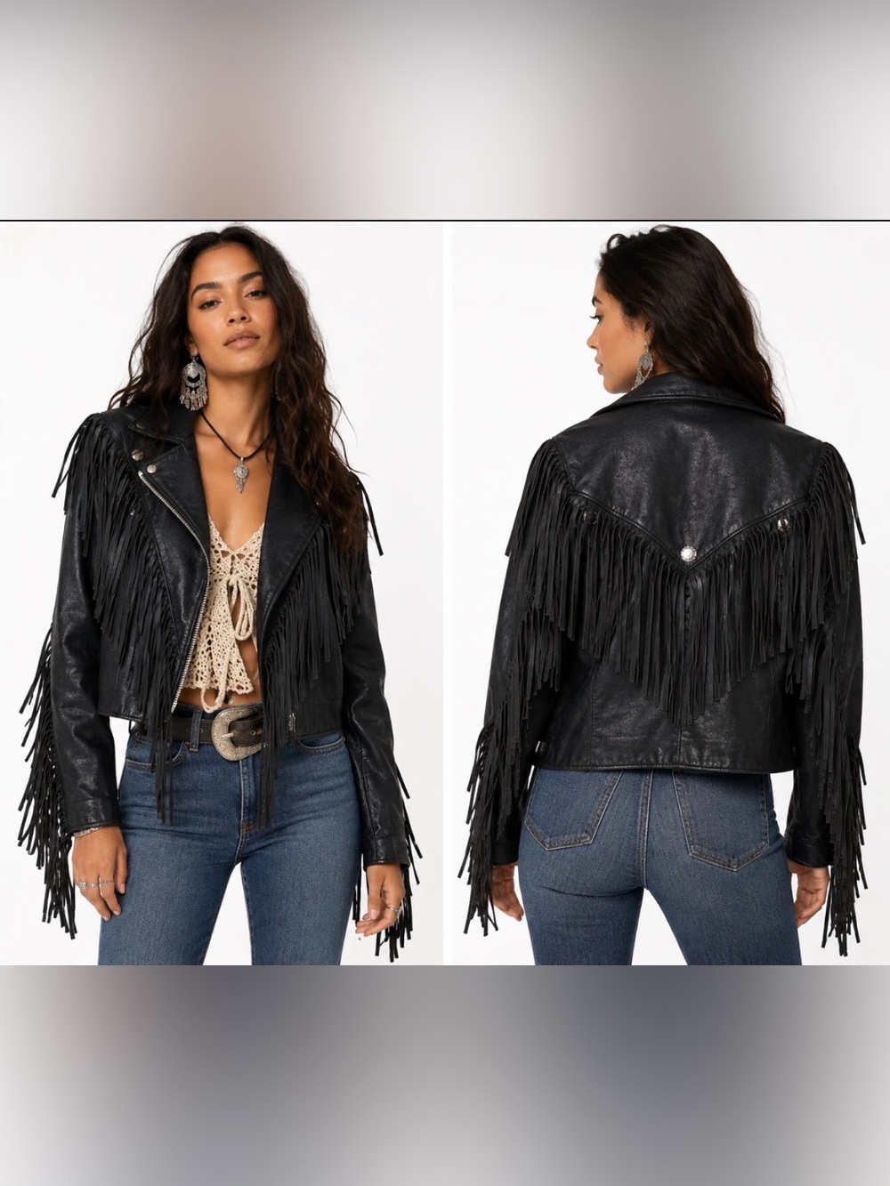 Vtg unbrand Genuine Leather Blk
Western all over Fringe Boho M Jacket